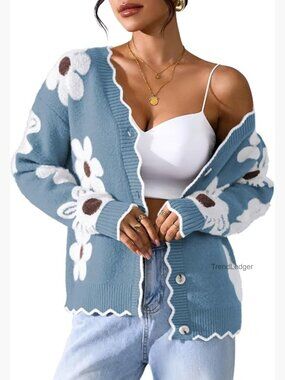 Oversized Fuzzy Cardigan with Floral Pattern Long Sleeve Button Front